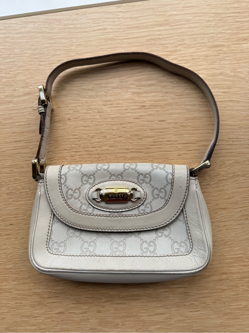 Gucci Cream GG Canvas Shoulder Bag with Gold Plaque